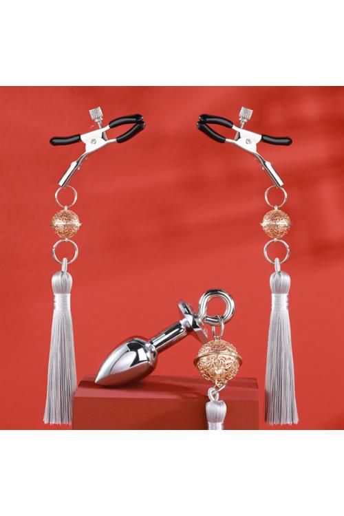 Premium Sensual Accessories Set – Belled Nipple Clamps & Steel Plug with Tassels