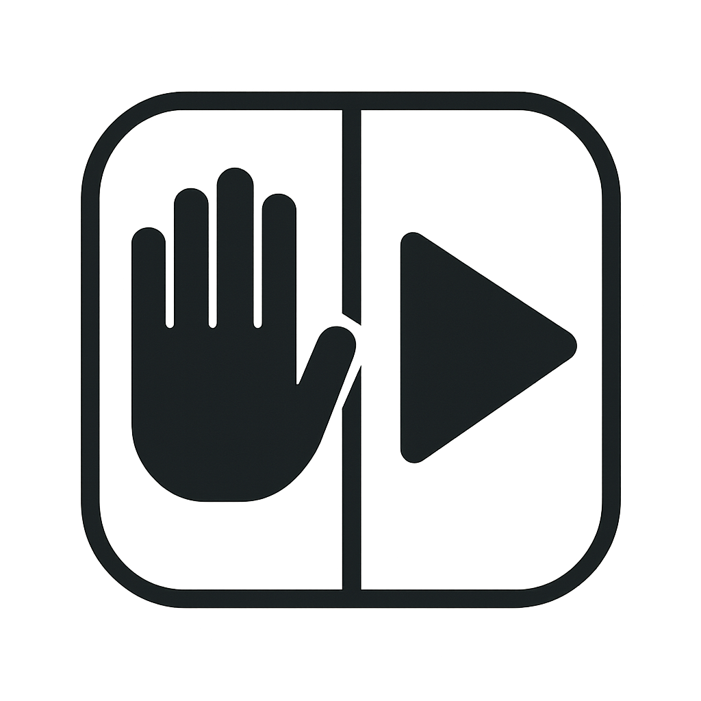 أيقونة بسيطة تُظهر إشارة "توقف" (كف اليد) بجوار إشارة "تشغيل" (سهم)، ترمزان لفكرة التوقف والبدء