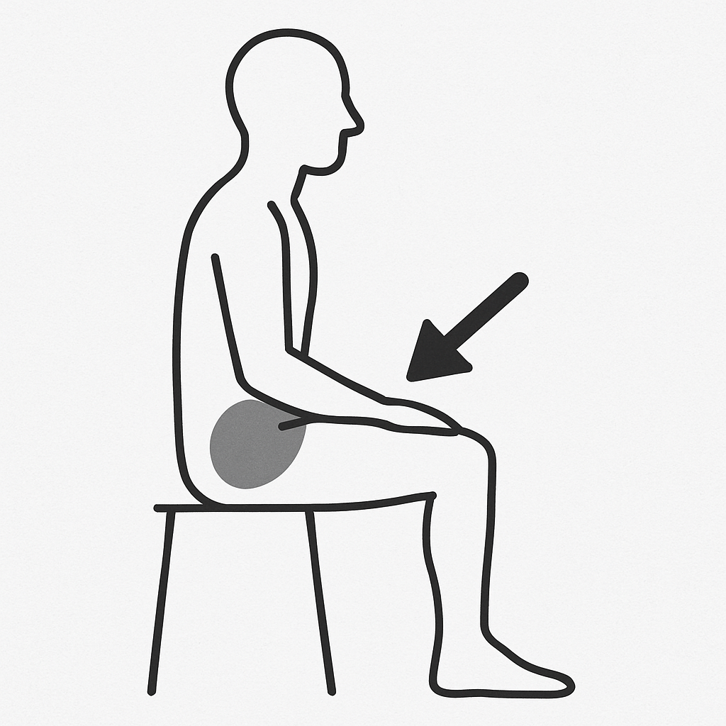 رسم توضيحي بسيط لشخص في وضعية الجلوس مع سهم مشير إلى منطقة الحوض لتوضيح مكان العضلات المستهدفة.