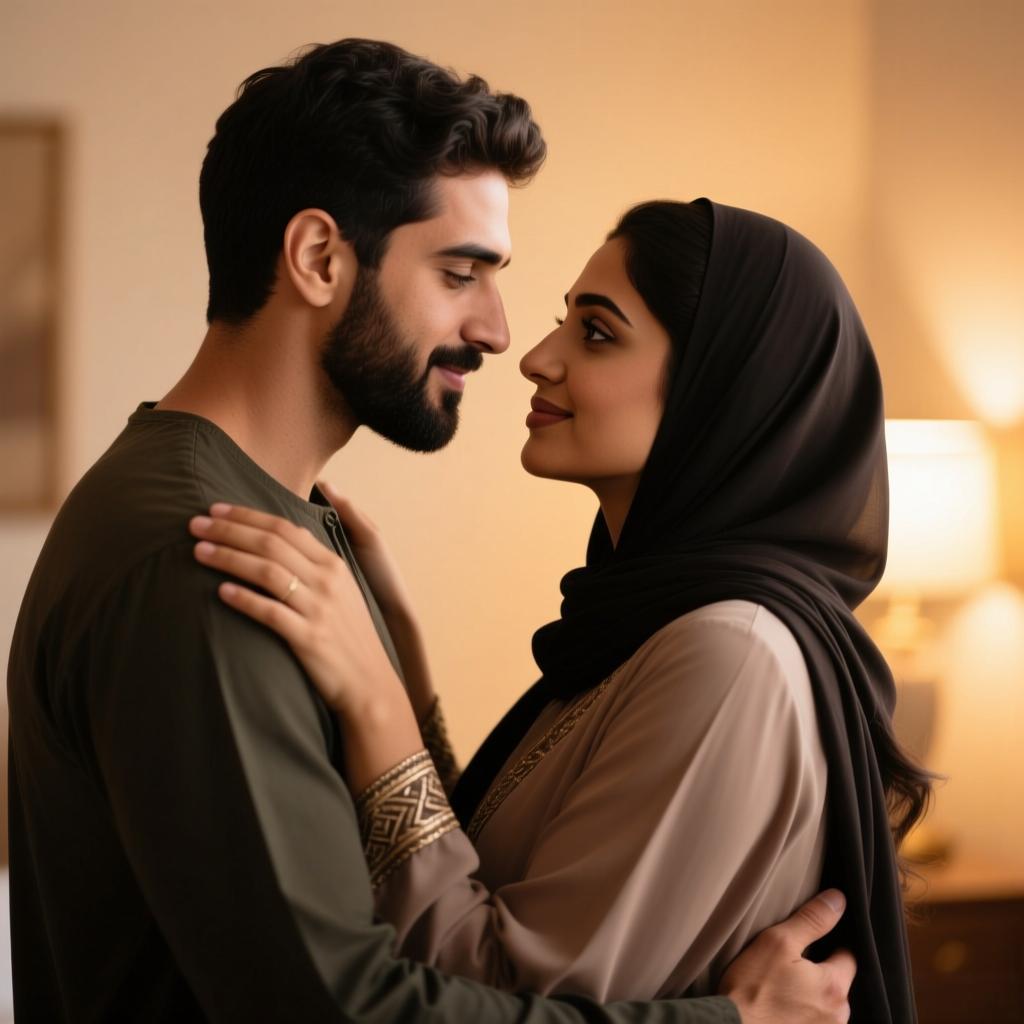 احتضن الزوجان بعضهما وجهاً لوجه، بينما تحدق الزوجة بعيون مليئة بالحب في زوجها.jpg